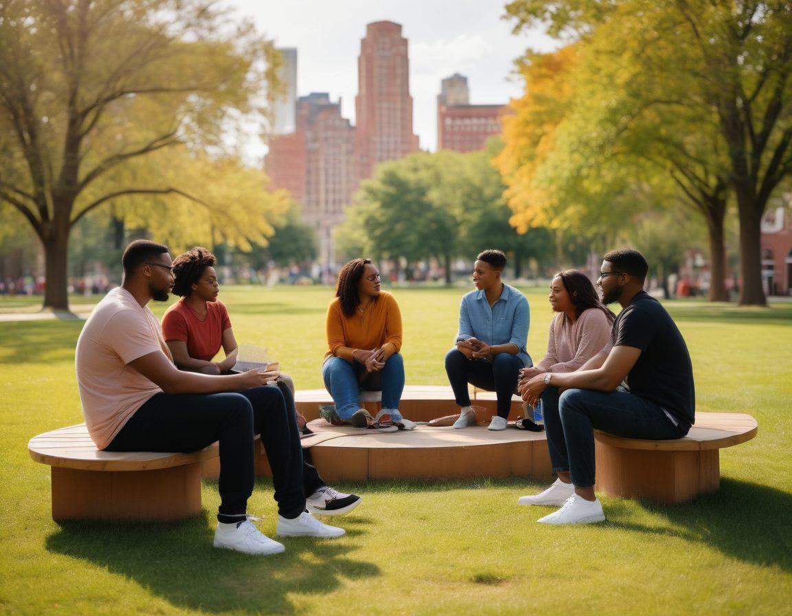 A diverse group of individuals in a supportive circle, sharing stories and experiences in a cozy urban park setting in Detroit. The backdrop features iconic Detroit architecture, symbolizing community strength. Warm colors to evoke a sense of hope and resilience. Include elements like books and mental health resources scattered around to emphasize support. soft-focus photography. vibrant colors. urban landscape.
