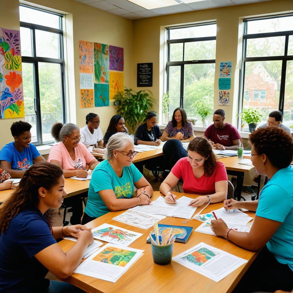 A diverse group of individuals of varying ages and backgrounds engaged in a community wellness workshop, surrounded by vibrant artwork representing mental health themes. The scene features open books, plants, and supportive materials on tables, radiating a sense of hope and empowerment. Bright sunlight filters through large windows, illuminating their joyful faces. super-realistic. vibrant colors. warm tones.