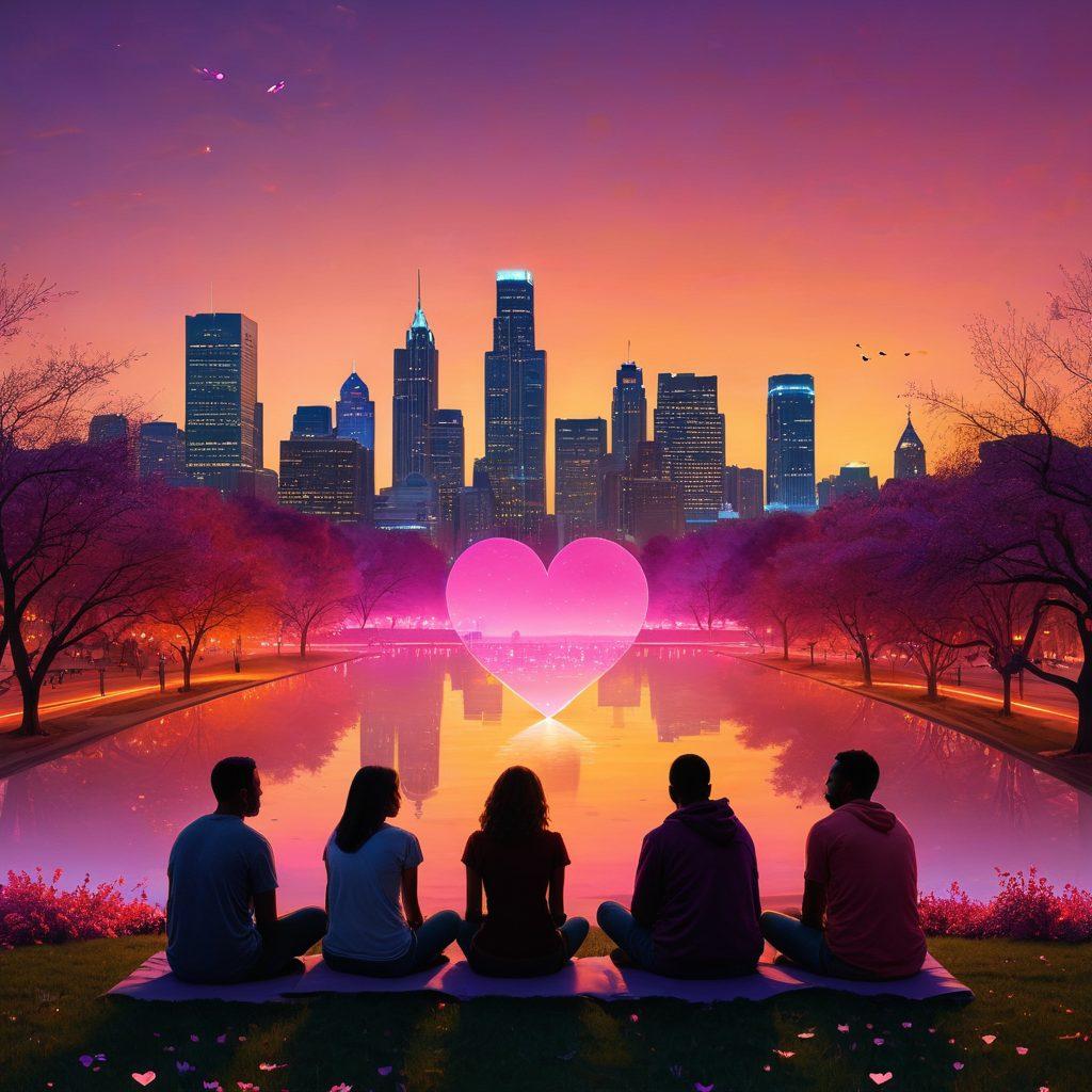 A city skyline of Metropolitan Detroit at sunset, featuring silhouettes of people engaging in group therapy and support activities in a park. The foreground displays glowing hearts and brain motifs to symbolize mental health, with warm, inviting colors radiating hope and community. Include elements like diverse individuals and calming nature to emphasize connection and support. super-realistic. vibrant colors.